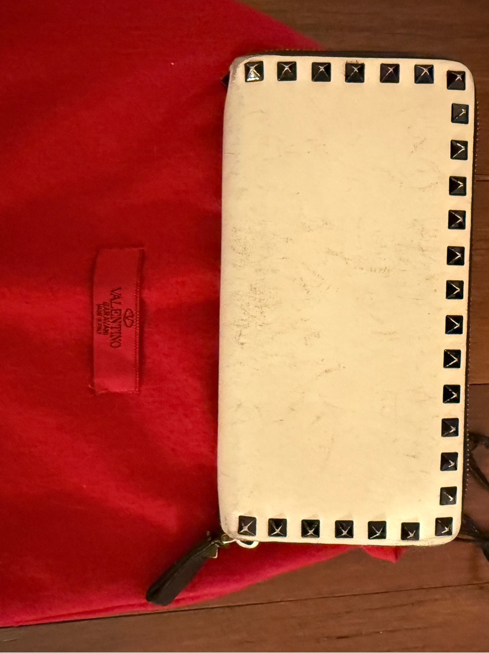 Valentino Ivory Distressed Look Studded Zip-Around Wallet